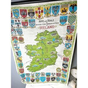 Vintage Irish Linen Wall Hanging – Arms & Seals of Ireland Map Textile